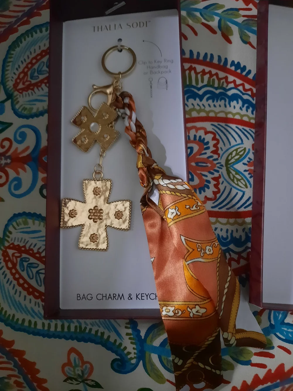 Thalia Sodi Gold-Tone Cross Keychain with Orange Scarf Tie